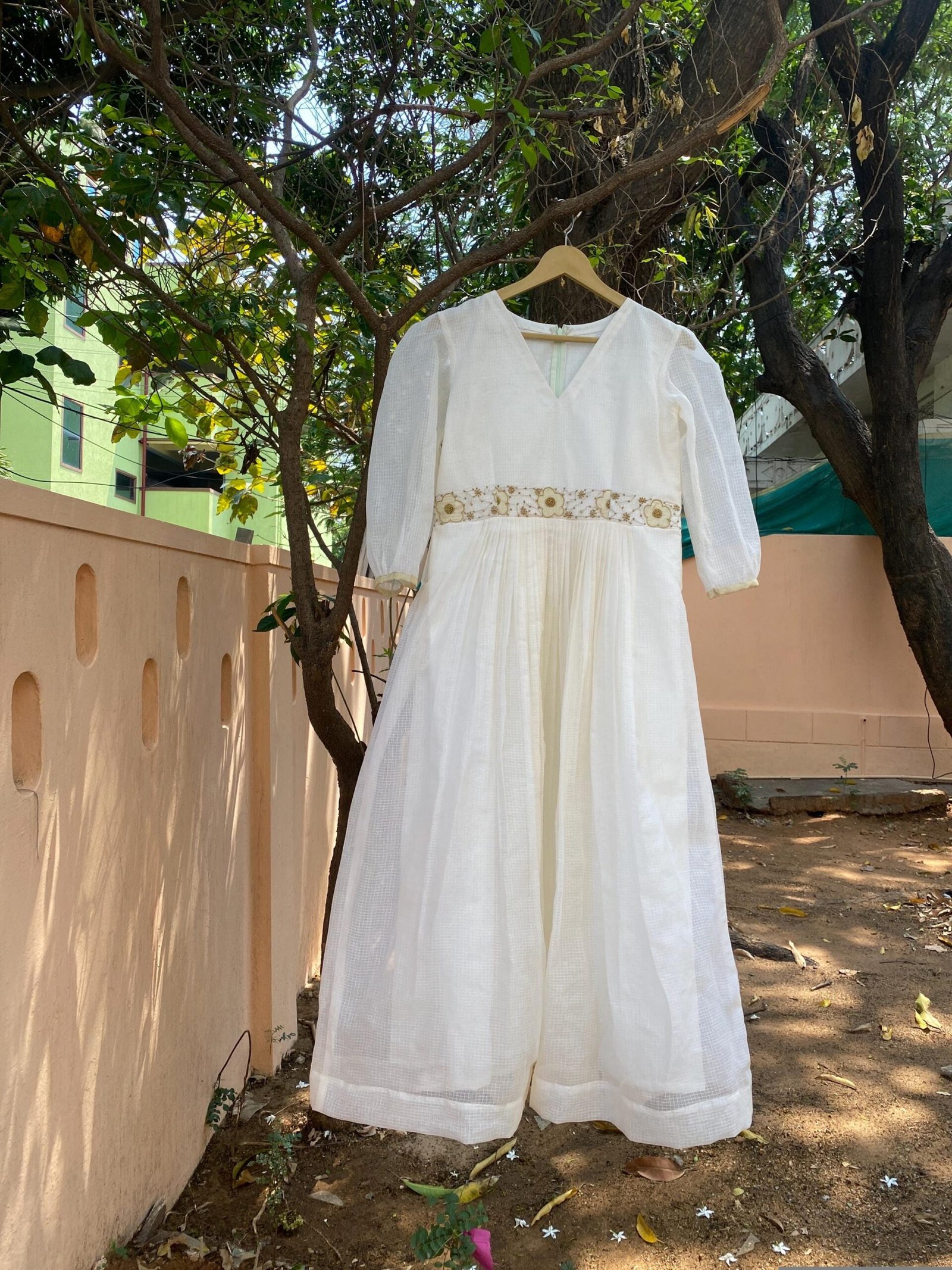 Hand Embroidered Kota Cotton Anarkali Dress: Cream Indian Dress