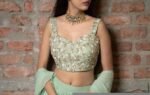 Green Lehenga Set: Hand Embroidered Silk Crop Top, Georgette Skirt