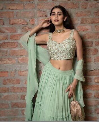 Green Lehenga Set: Hand Embroidered Silk Crop Top, Georgette Skirt