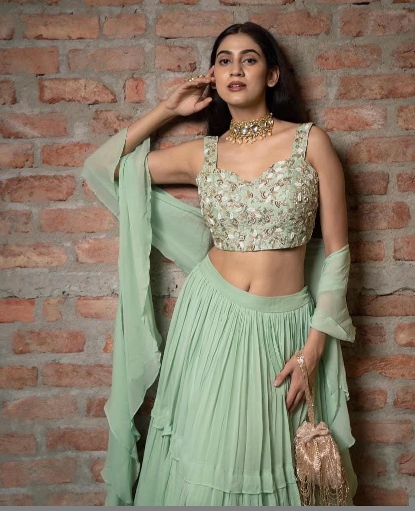 Green Lehenga Set: Hand Embroidered Silk Crop Top, Georgette Skirt