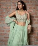 Green Lehenga Set: Hand Embroidered Silk Crop Top, Georgette Skirt