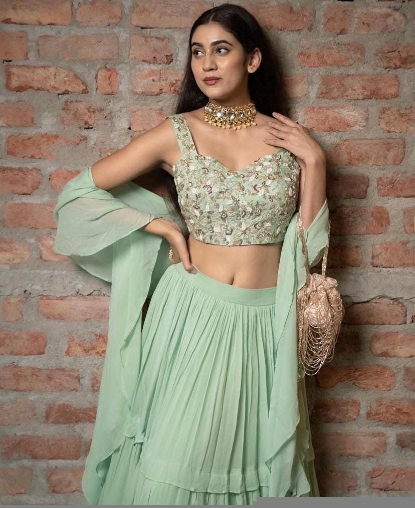 Green Lehenga Set: Hand Embroidered Silk Crop Top, Georgette Skirt