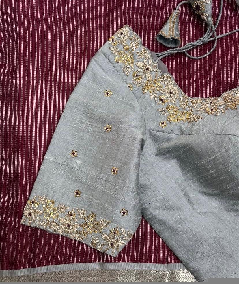 pure silk hand embroidery blouse/gray saree maggam blouse/grey elbow sleeve blouse/hand embroidered blouse/gray raw silk ready made blouse
