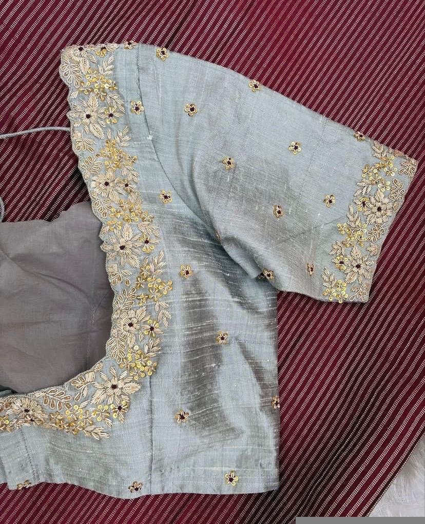 pure silk hand embroidery blouse/gray saree maggam blouse/grey elbow sleeve blouse/hand embroidered blouse/gray raw silk ready made blouse