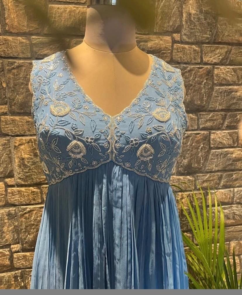 Blue Anarkali suit usa/light blue anarkali kurta/ sleeveless anarkali/blue hand embroidered dress/Wedding outfit/blue kurta hand woranarkali