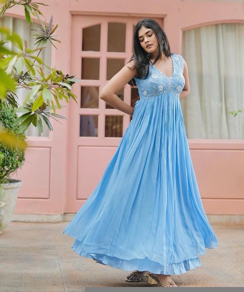 Blue Anarkali suit usa/light blue anarkali kurta/ sleeveless anarkali/blue hand embroidered dress/Wedding outfit/blue kurta hand woranarkali