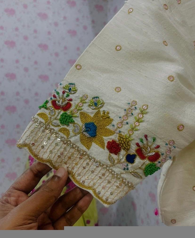 Hand Embroidered Cream Silk Blouse: Zardosi Maggam Work,cream maggam blouse,multicolor blouse,plus size blouse,handwork blouse,beige blouse