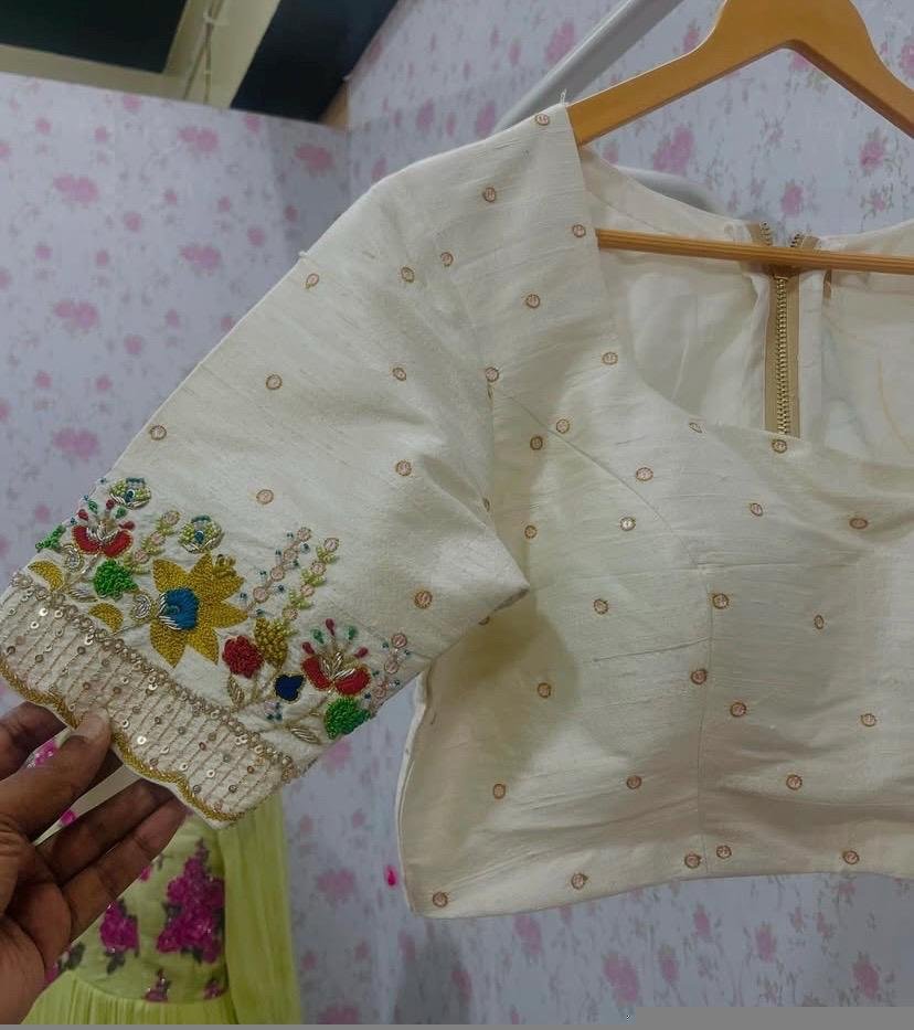 Hand Embroidered Cream Silk Blouse: Zardosi Maggam Work,cream maggam blouse,multicolor blouse,plus size blouse,handwork blouse,beige blouse