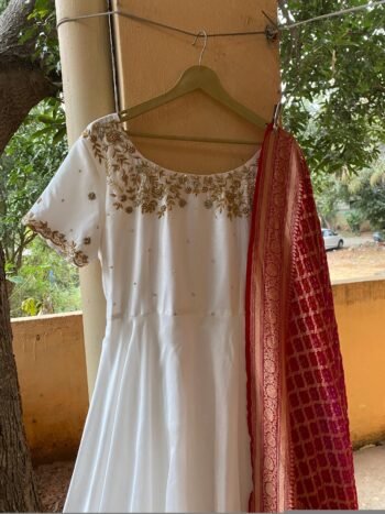 Hand embroidered Anarkali dress/cream anarkali dupatta suit set/white hand work anarkali/Indian dresses/voggish pink banarasi dupatta