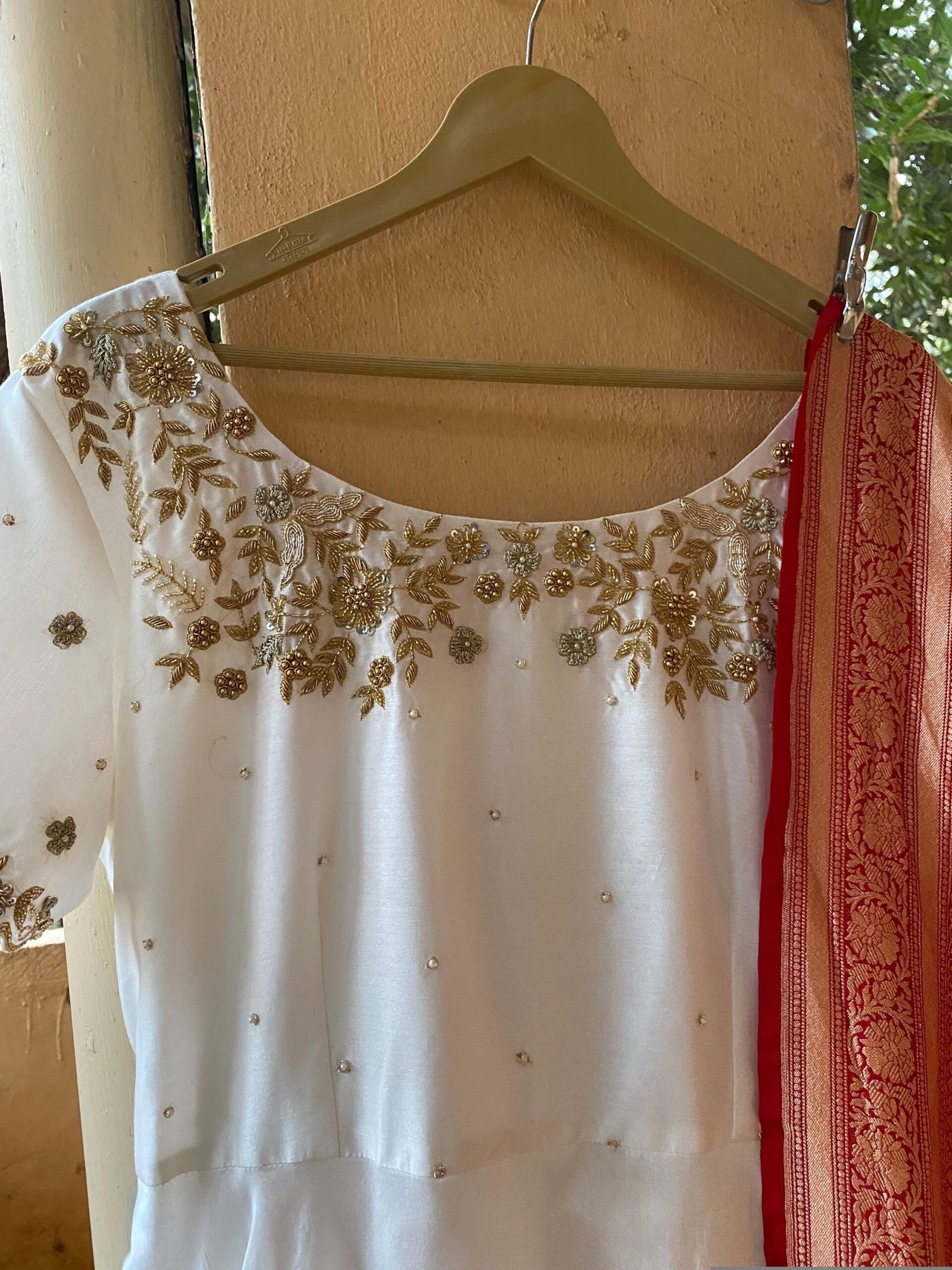 Hand embroidered Anarkali dress/cream anarkali dupatta suit set/white hand work anarkali/Indian dresses/voggish USA/pink banarasi dupatta
