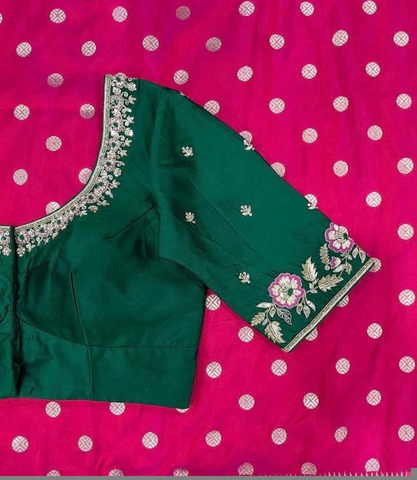 Green Silk Saree Blouse: Hand Embroidered Zardosi Crop Top