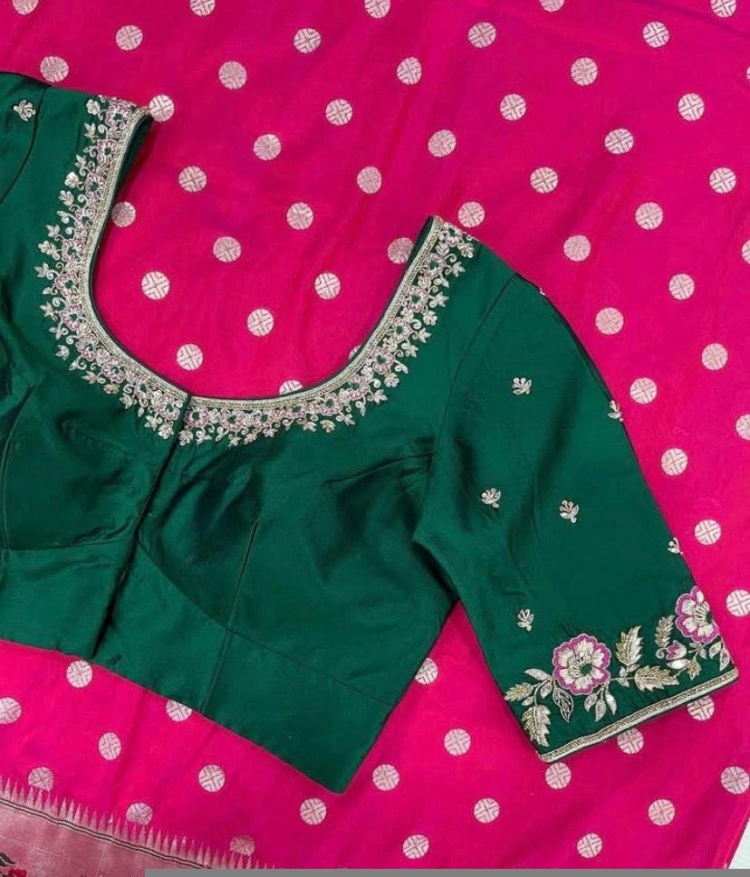 Green Silk Saree Blouse: Hand Embroidered Zardosi Crop Top