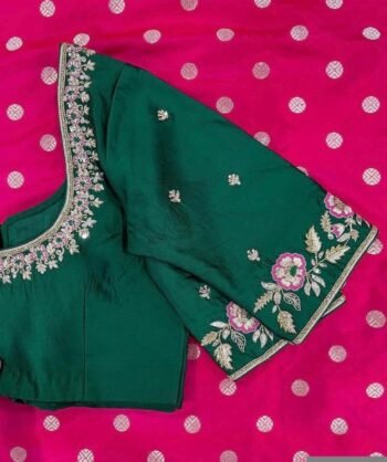 Green Silk Saree Blouse: Hand Embroidered Zardosi Crop Top