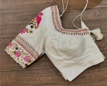 Hand Embroidered Silk Saree Blouse: Cream Zardosi Maggam Work