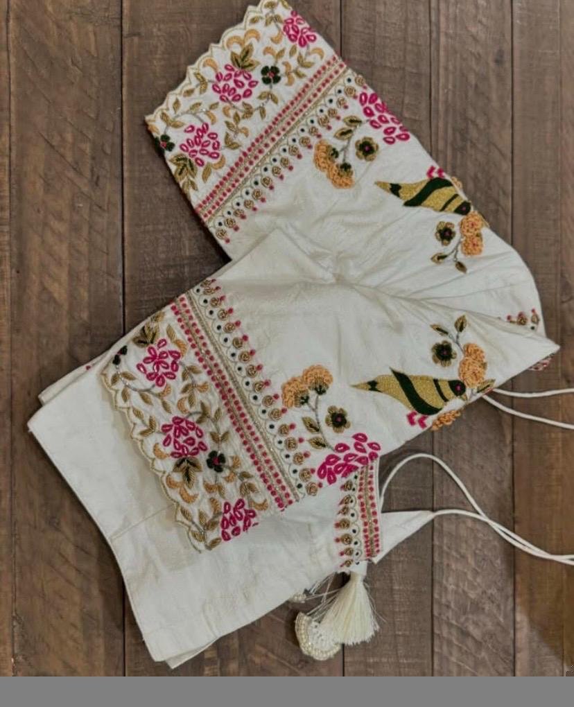 Hand Embroidered Silk Saree Blouse: Cream Zardosi Maggam Work