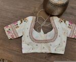 Hand Embroidered Silk Saree Blouse: Cream Zardosi Maggam Work