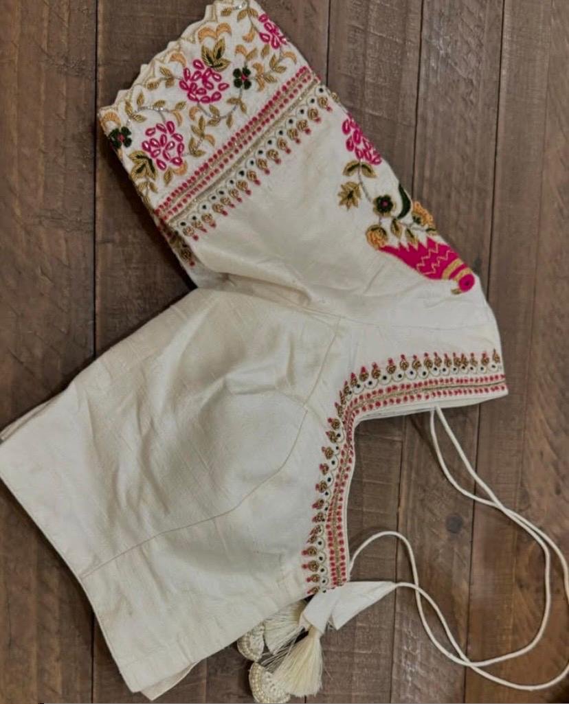 Hand Embroidered Silk Saree Blouse: Cream Zardosi Maggam Work