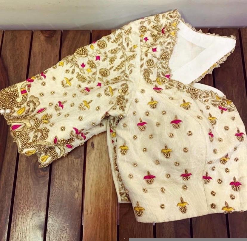 Cream Raw Silk Blouse: Hand Embroidered Zardosi Maggam Work