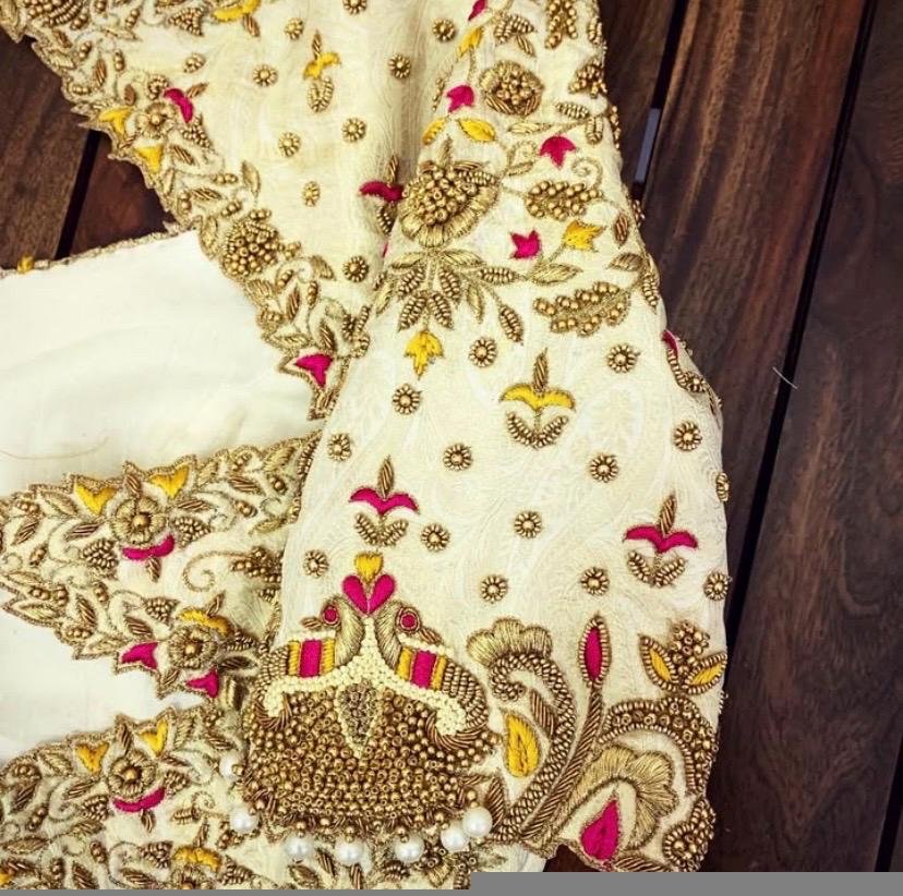 Cream Raw Silk Blouse: Hand Embroidered Zardosi Maggam Work