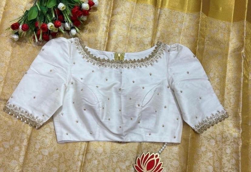 Cream Silk Saree Blouse: Hand Embroidered Zardosi, Boat Neck