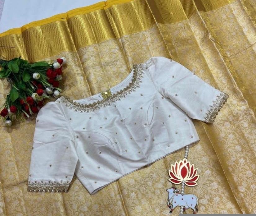 Cream Silk Saree Blouse: Hand Embroidered Zardosi, Boat Neck