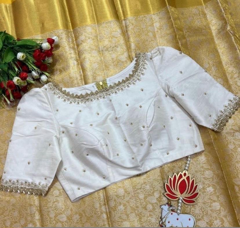 Cream Silk Saree Blouse: Hand Embroidered Zardosi, Boat Neck