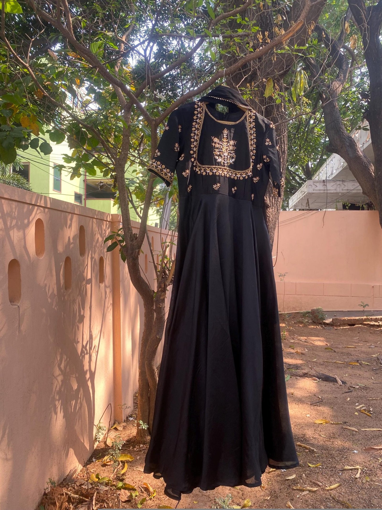 Hand Embroidered Black Anarkali Suit: Silk Chanderi Dress with Dupatta