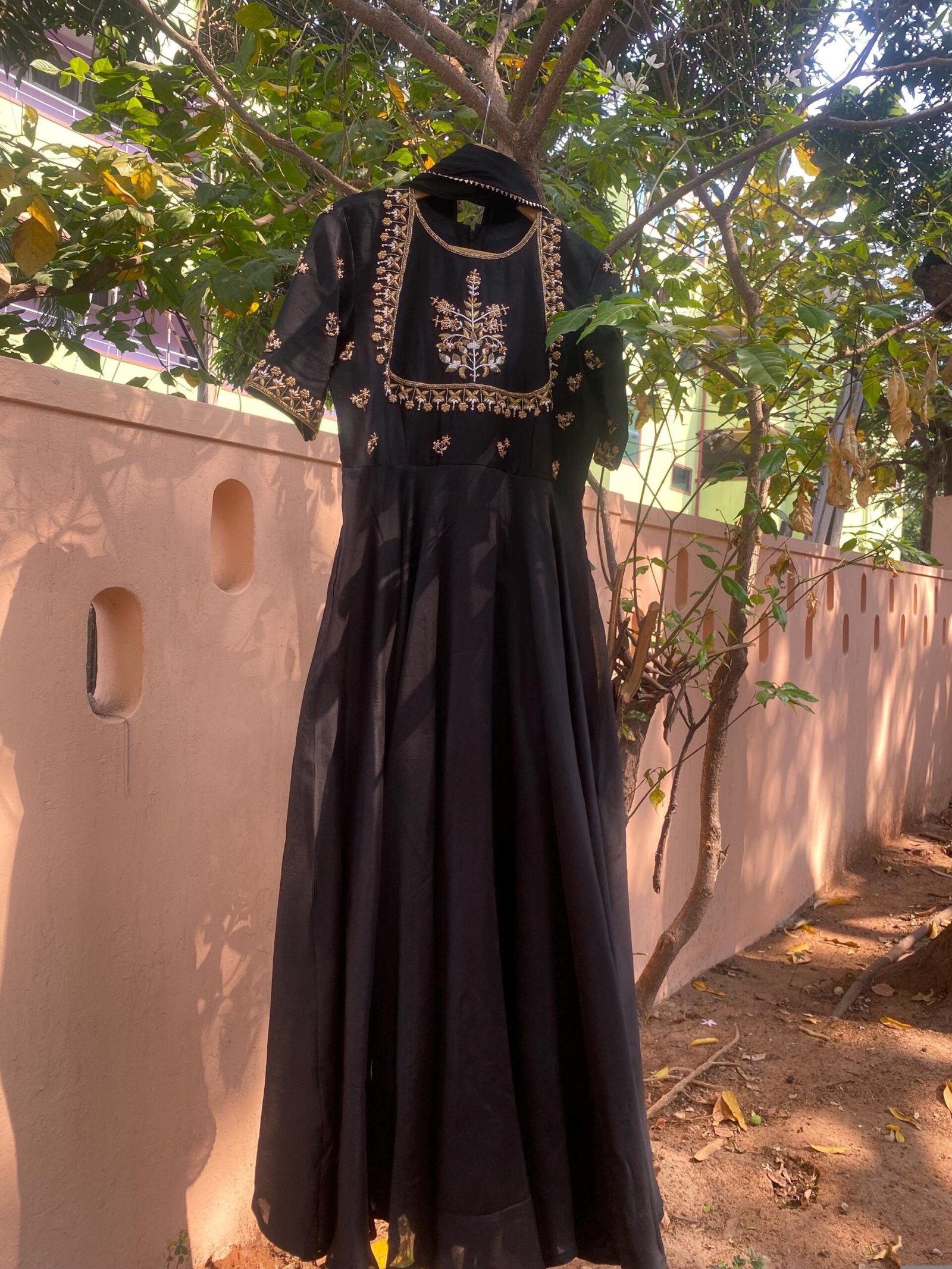 Hand Embroidered Black Anarkali Suit: Silk Chanderi Dress with Dupatta