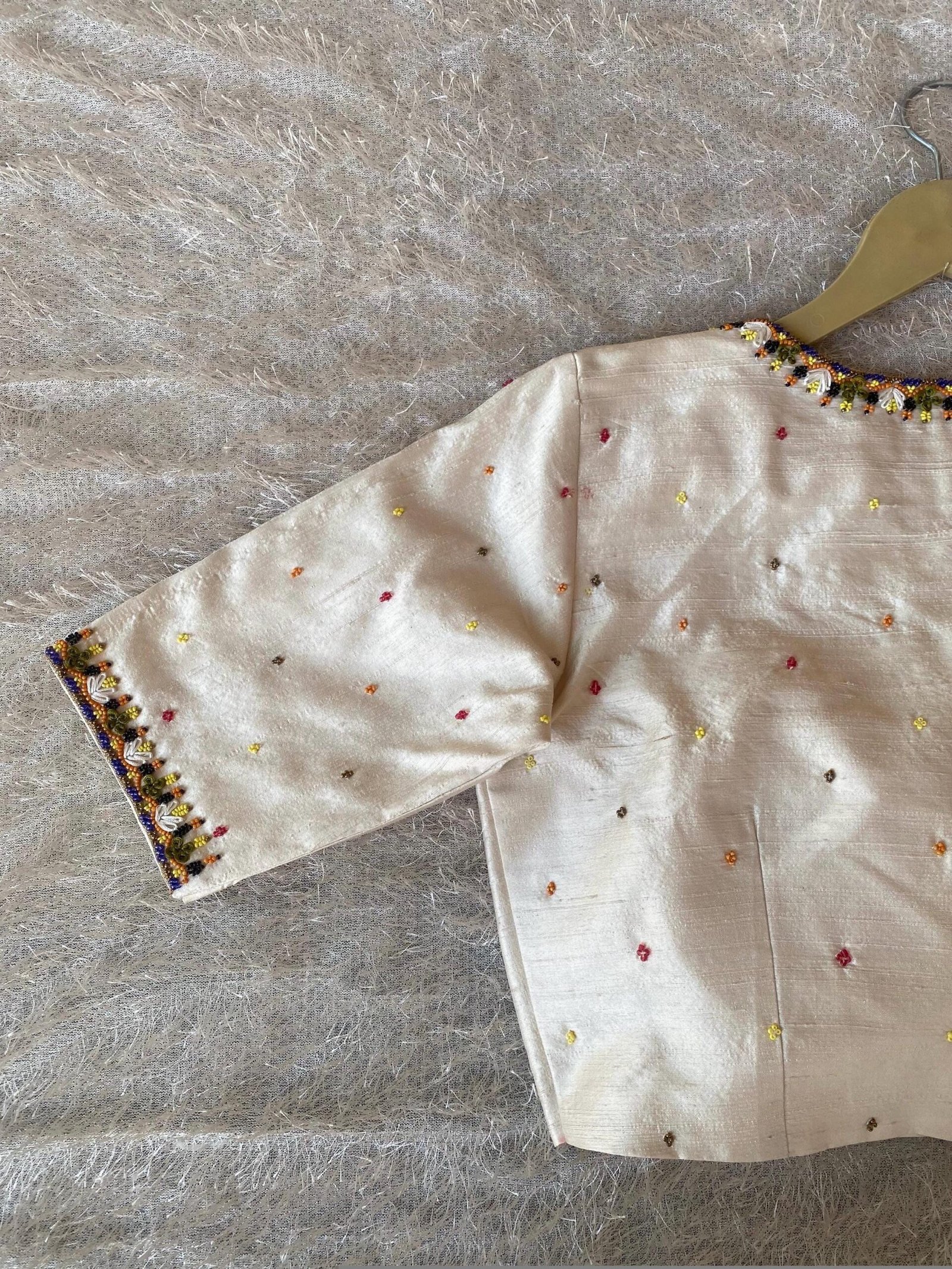 Cream Silk Hand Embroidered Blouse: Zardosi Maggam Work