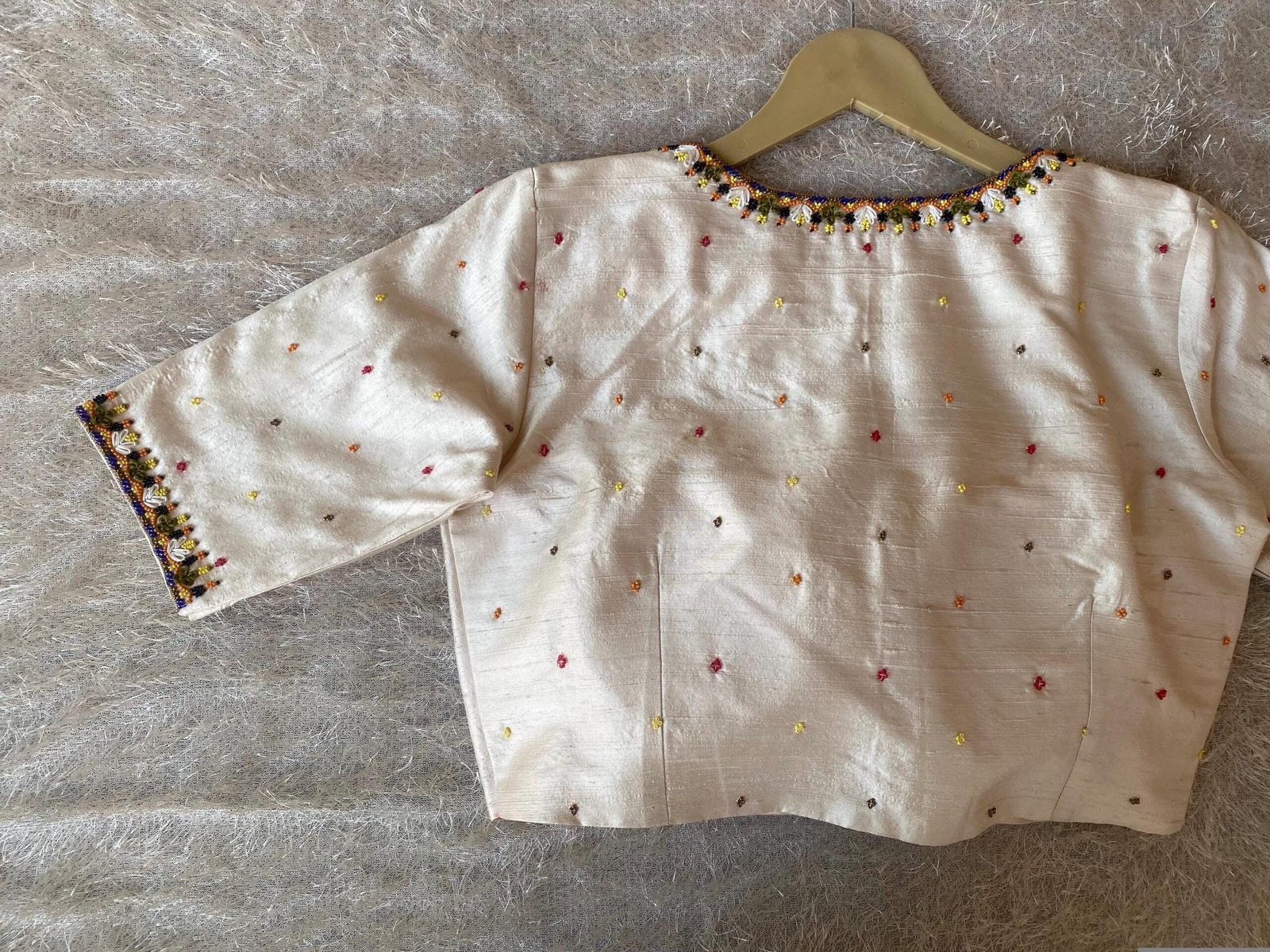 Cream Silk Hand Embroidered Blouse: Zardosi Maggam Work