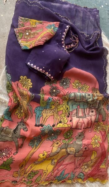 Hand-Painted Kalamkari Silk Saree: Purple Embroidered Blouse