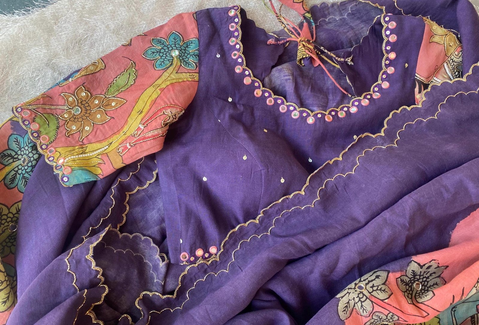 Hand-Painted Kalamkari Silk Saree: Purple Embroidered Blouse