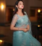Blue Net Saree: Hand Embroidered Blouse, Modern Saree