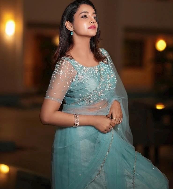 Blue Net Saree: Hand Embroidered Blouse, Modern Saree