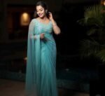 Blue Net Saree: Hand Embroidered Blouse, Modern Saree
