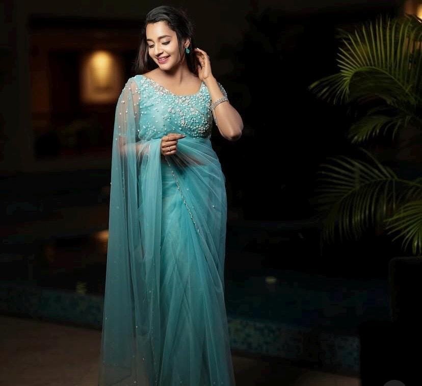 Blue Net Saree: Hand Embroidered Blouse, Modern Saree
