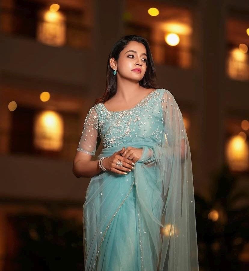 Blue Net Saree: Hand Embroidered Blouse, Modern Saree