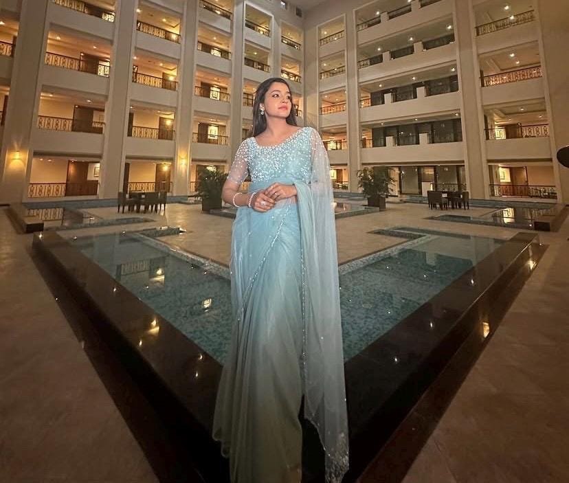 Blue Net Saree: Hand Embroidered Blouse, Modern Saree
