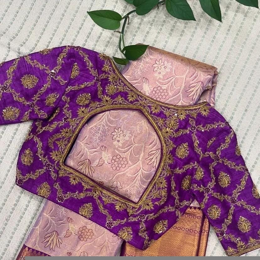 Purple Silk Saree Blouse: Hand Embroidered Zardosi Maggam