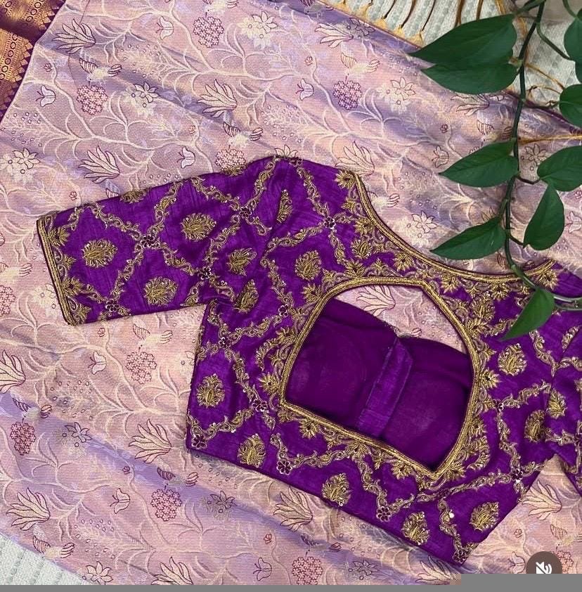 Purple Silk Saree Blouse: Hand Embroidered Zardosi Maggam