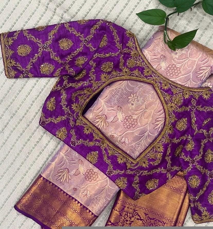 Purple Silk Saree Blouse: Hand Embroidered Zardosi Maggam