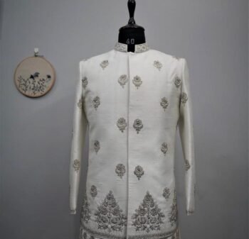 Cream Silk Mens Kurta Sherwani: Hand Embroidered Indian Wedding Set