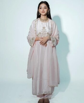 Hand Embroidered Kurta Pajama with Dupatta: Light Pink Silk Indian Suit
