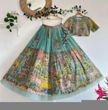 Hand-Painted Kalamkari Lehenga Set: Silk Crop Top, Embroidered Skirt,kalamkari lehenga,handwork hand painted lehenga,sea green lehenga Magga
