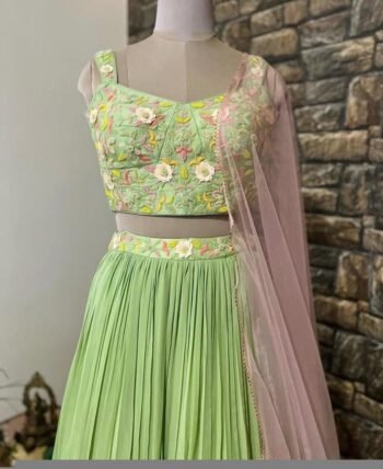 Hand Embroidered Lehenga Set: Green Crop Top, Ombre Skirt