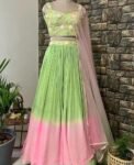 Hand Embroidered Lehenga Set: Green Crop Top, Ombre Skirt