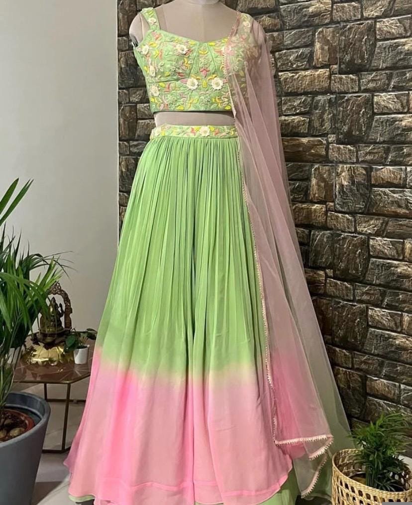 Hand Embroidered Lehenga Set: Green Crop Top, Ombre Skirt