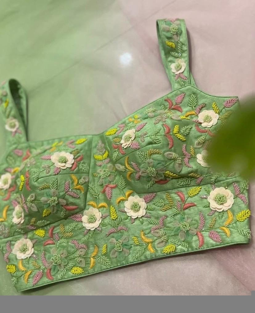 Hand Embroidered Lehenga Set: Green Crop Top, Ombre Skirt