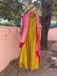 Hand embroidered Anarkali with pure banarasi handloom dupatta/yellow anarkali suit set/anarkali dupatta/Indian dresses/pink banarasi dupatt
