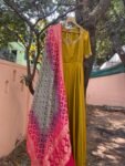 Hand embroidered Anarkali with pure banarasi handloom dupatta/yellow anarkali suit set/anarkali dupatta/Indian dresses/pink banarasi dupatt